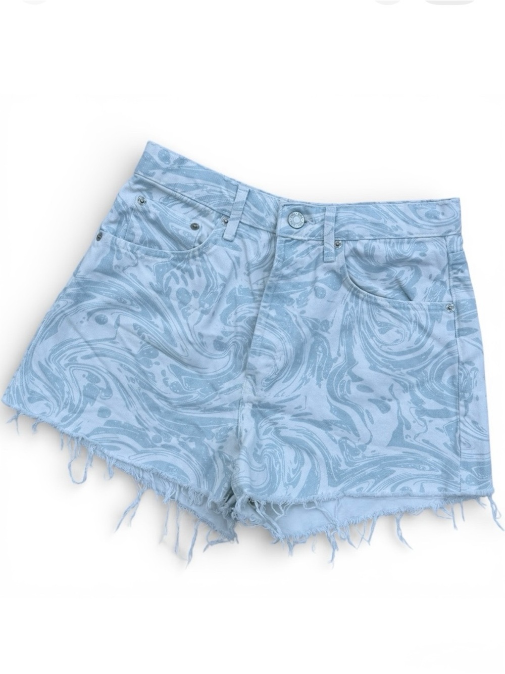 Zara Marble Swirl Print High Rise Denim Cutoff Shorts Womens 6 Blue White